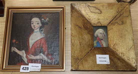 18th century English School - oil on canvas, Naive portrait of a lady, 18 x 17cm and a sketch of an army officer